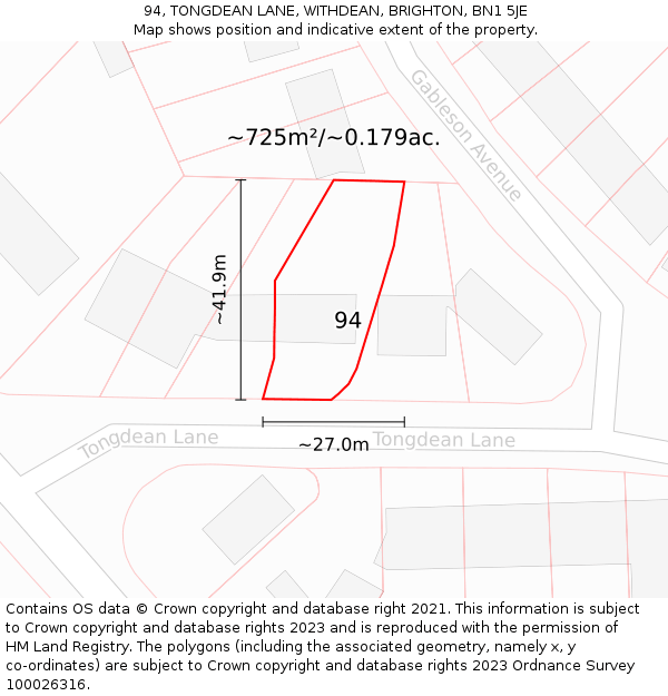 94, TONGDEAN LANE, WITHDEAN, BRIGHTON, BN1 5JE: Plot and title map