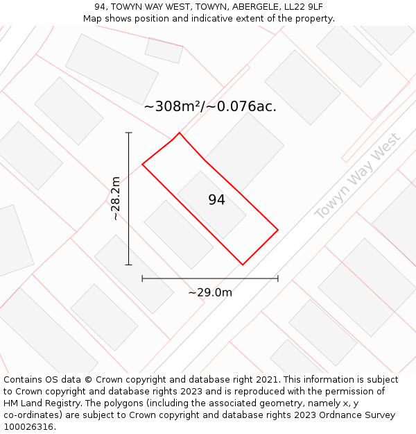 94, TOWYN WAY WEST, TOWYN, ABERGELE, LL22 9LF: Plot and title map