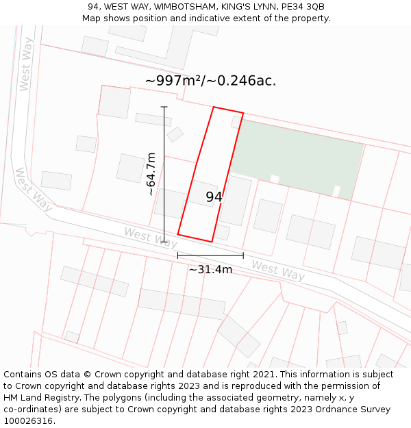 94, WEST WAY, WIMBOTSHAM, KING'S LYNN, PE34 3QB: Plot and title map