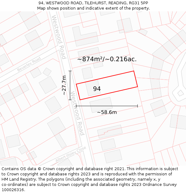 94, WESTWOOD ROAD, TILEHURST, READING, RG31 5PP: Plot and title map