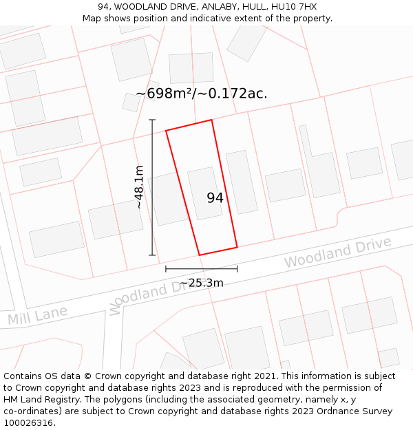 94, WOODLAND DRIVE, ANLABY, HULL, HU10 7HX: Plot and title map