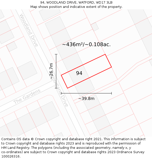 94, WOODLAND DRIVE, WATFORD, WD17 3LB: Plot and title map