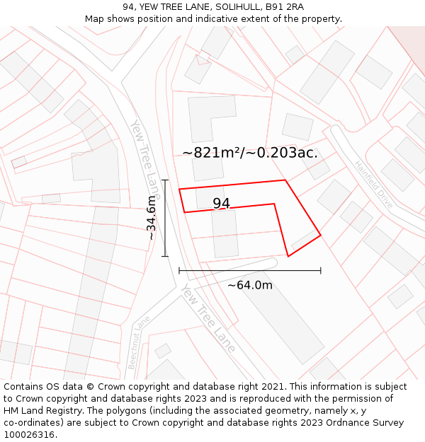 94, YEW TREE LANE, SOLIHULL, B91 2RA: Plot and title map