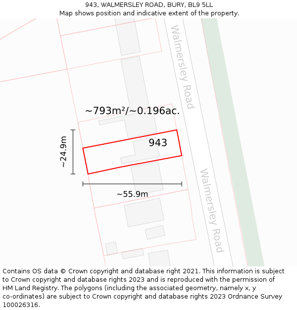 943, WALMERSLEY ROAD, BURY, BL9 5LL: Plot and title map