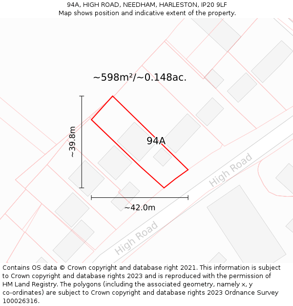 94A, HIGH ROAD, NEEDHAM, HARLESTON, IP20 9LF: Plot and title map