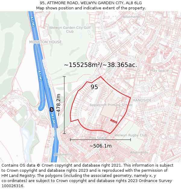 95, ATTIMORE ROAD, WELWYN GARDEN CITY, AL8 6LG: Plot and title map