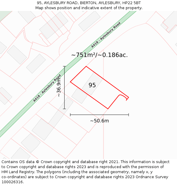 95, AYLESBURY ROAD, BIERTON, AYLESBURY, HP22 5BT: Plot and title map