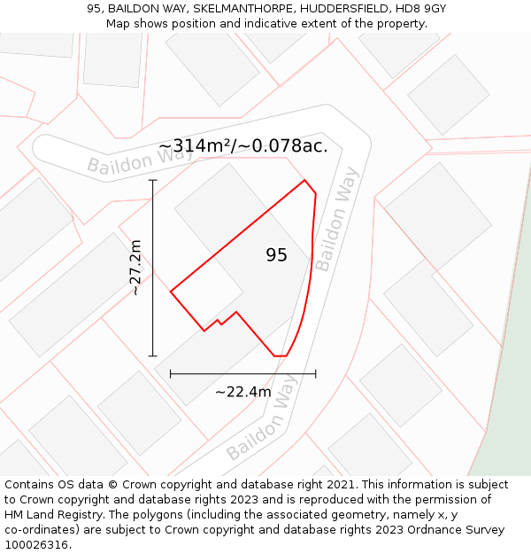 95, BAILDON WAY, SKELMANTHORPE, HUDDERSFIELD, HD8 9GY: Plot and title map