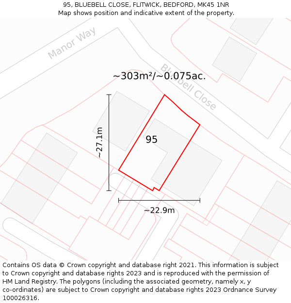 95, BLUEBELL CLOSE, FLITWICK, BEDFORD, MK45 1NR: Plot and title map