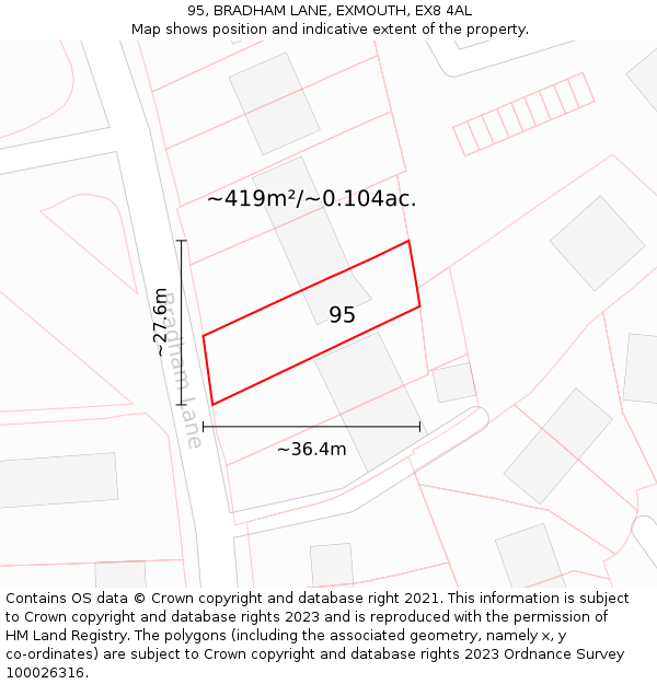 95, BRADHAM LANE, EXMOUTH, EX8 4AL: Plot and title map