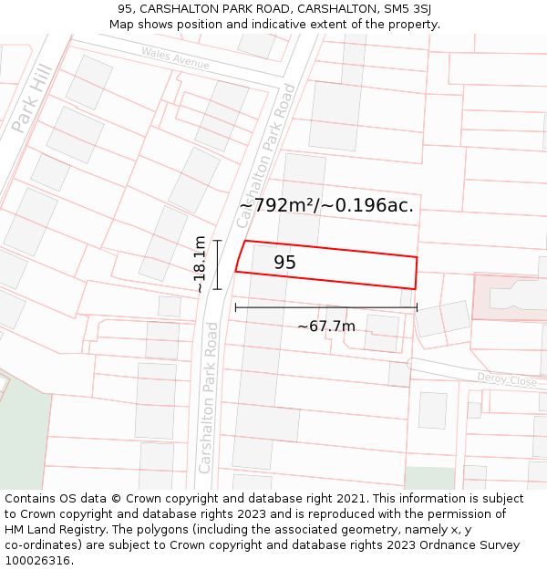 95, CARSHALTON PARK ROAD, CARSHALTON, SM5 3SJ: Plot and title map