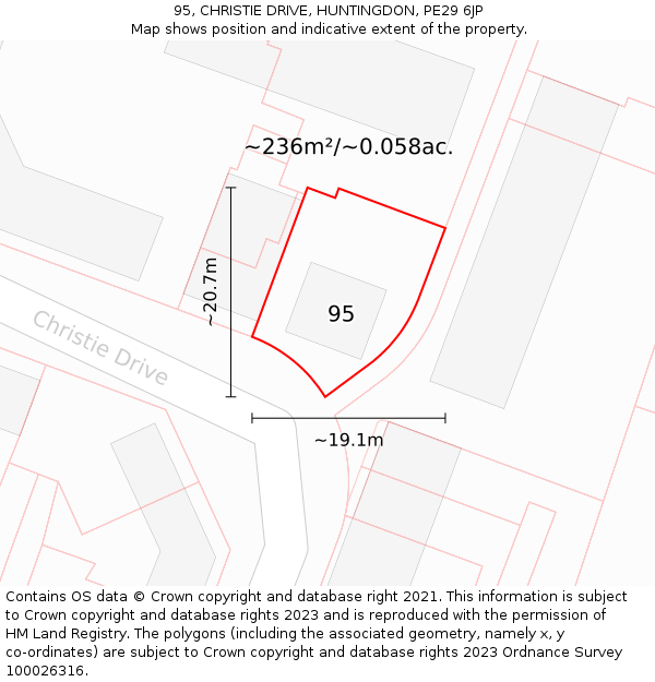 95, CHRISTIE DRIVE, HUNTINGDON, PE29 6JP: Plot and title map