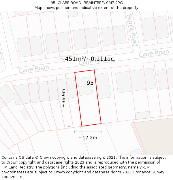 95, CLARE ROAD, BRAINTREE, CM7 2PG: Plot and title map