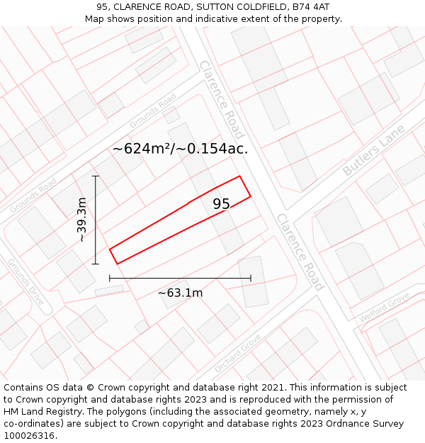 95, CLARENCE ROAD, SUTTON COLDFIELD, B74 4AT: Plot and title map