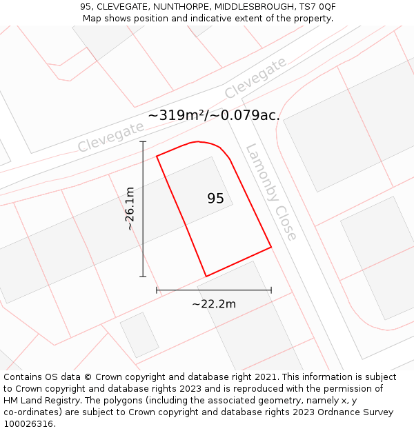 95, CLEVEGATE, NUNTHORPE, MIDDLESBROUGH, TS7 0QF: Plot and title map