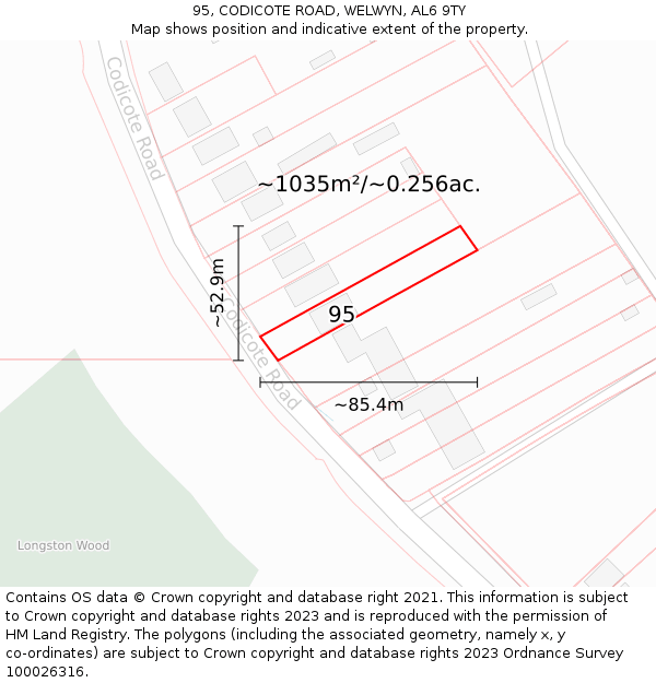 95, CODICOTE ROAD, WELWYN, AL6 9TY: Plot and title map