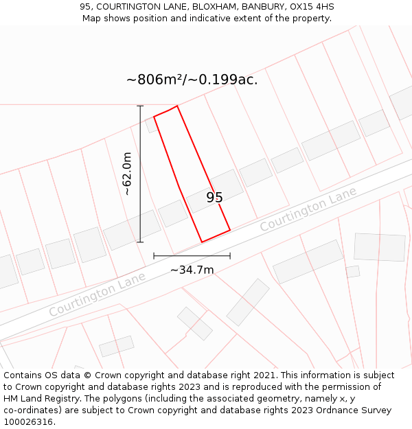 95, COURTINGTON LANE, BLOXHAM, BANBURY, OX15 4HS: Plot and title map