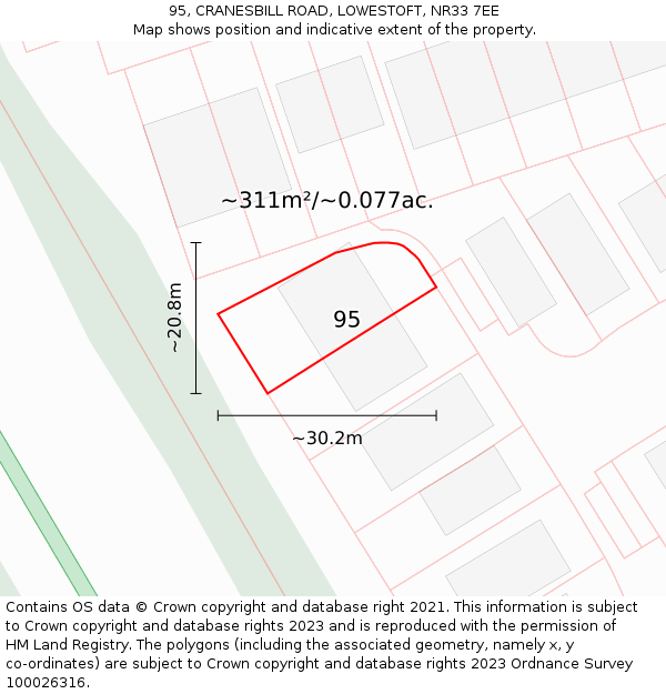 95, CRANESBILL ROAD, LOWESTOFT, NR33 7EE: Plot and title map