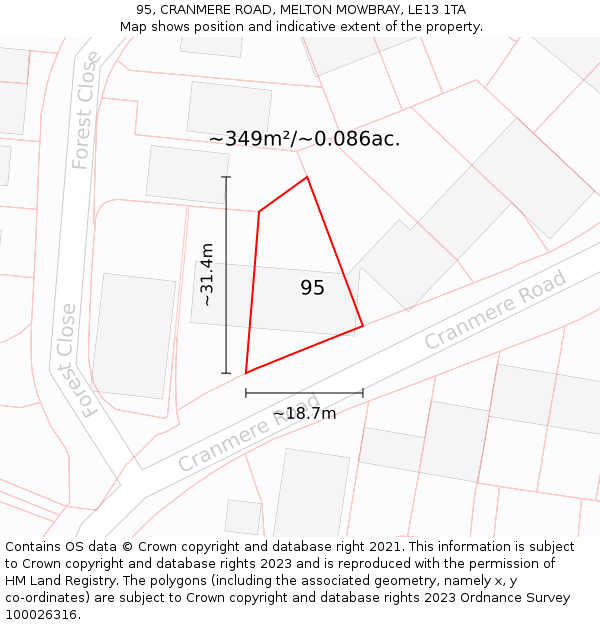 95, CRANMERE ROAD, MELTON MOWBRAY, LE13 1TA: Plot and title map