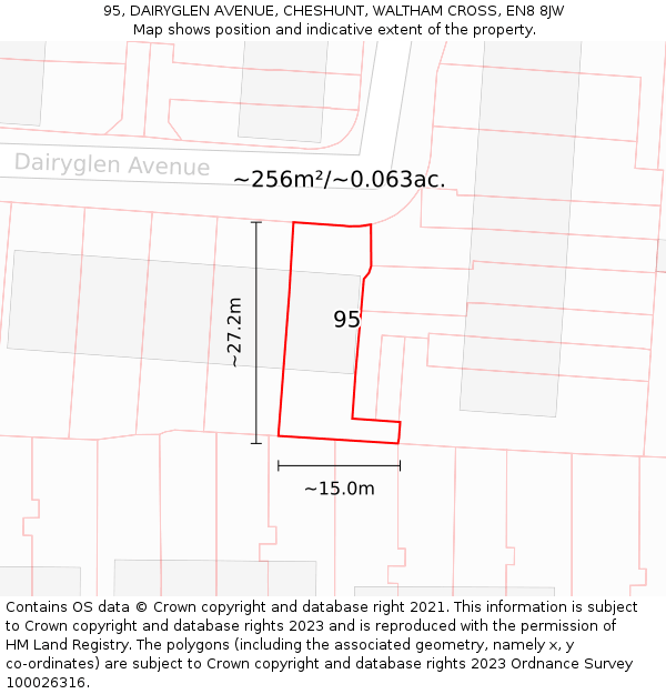 95, DAIRYGLEN AVENUE, CHESHUNT, WALTHAM CROSS, EN8 8JW: Plot and title map