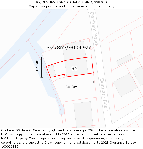 95, DENHAM ROAD, CANVEY ISLAND, SS8 9HA: Plot and title map