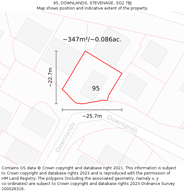 95, DOWNLANDS, STEVENAGE, SG2 7BJ: Plot and title map