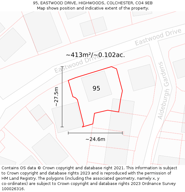 95, EASTWOOD DRIVE, HIGHWOODS, COLCHESTER, CO4 9EB: Plot and title map