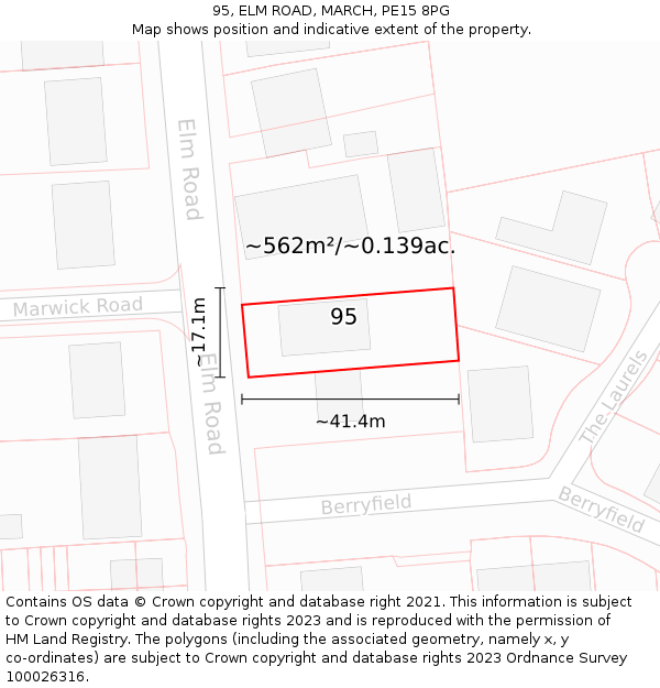 95, ELM ROAD, MARCH, PE15 8PG: Plot and title map