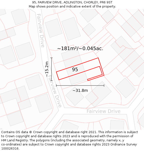 95, FAIRVIEW DRIVE, ADLINGTON, CHORLEY, PR6 9ST: Plot and title map