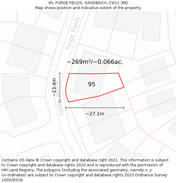 95, FORGE FIELDS, SANDBACH, CW11 3RD: Plot and title map