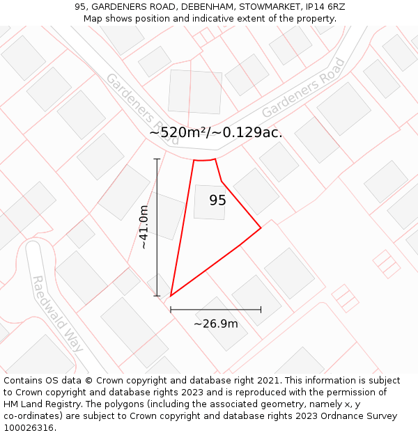 95, GARDENERS ROAD, DEBENHAM, STOWMARKET, IP14 6RZ: Plot and title map