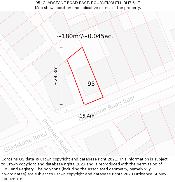 95, GLADSTONE ROAD EAST, BOURNEMOUTH, BH7 6HE: Plot and title map