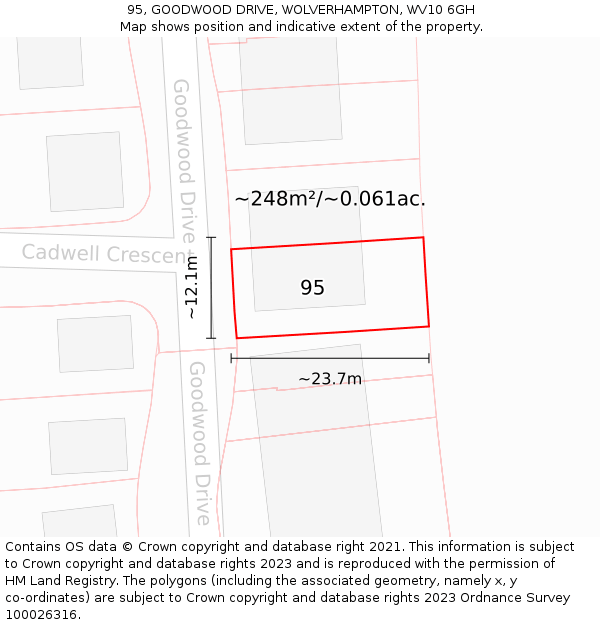 95, GOODWOOD DRIVE, WOLVERHAMPTON, WV10 6GH: Plot and title map