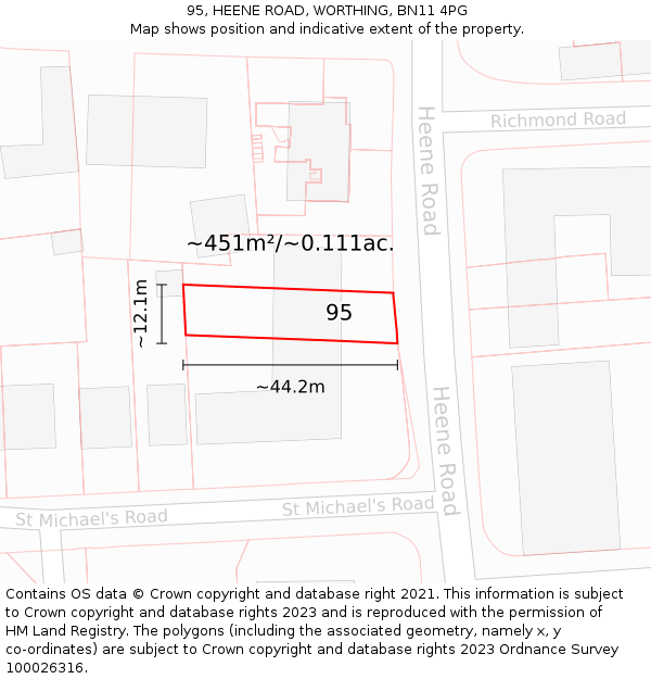 95, HEENE ROAD, WORTHING, BN11 4PG: Plot and title map