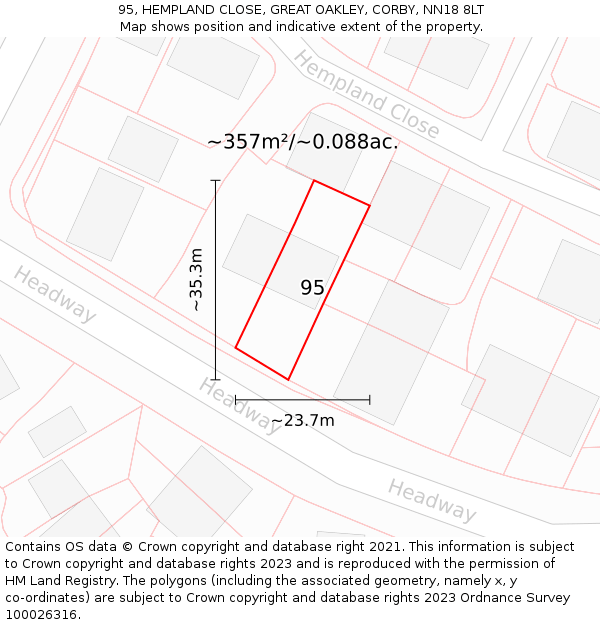 95, HEMPLAND CLOSE, GREAT OAKLEY, CORBY, NN18 8LT: Plot and title map