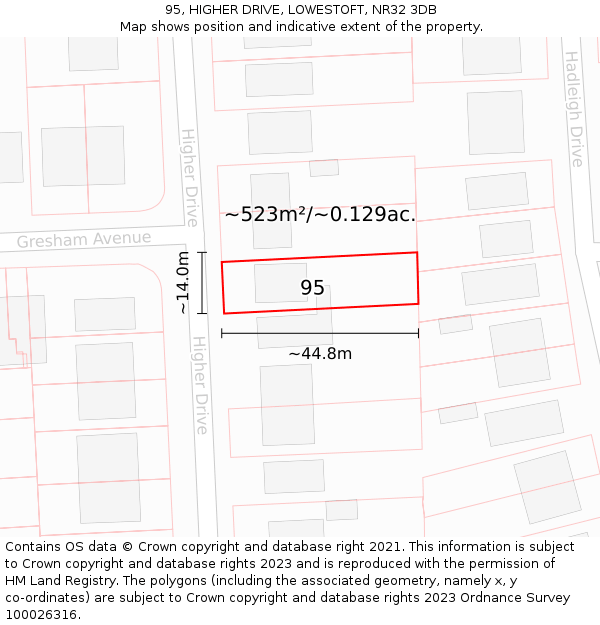 95, HIGHER DRIVE, LOWESTOFT, NR32 3DB: Plot and title map