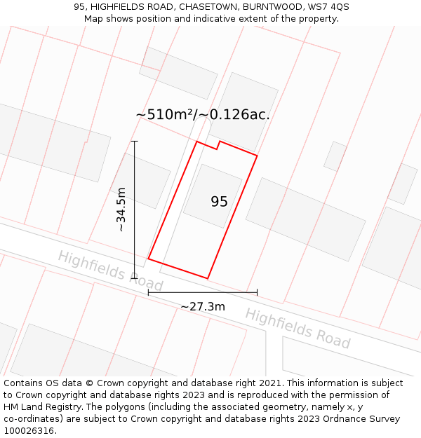 95, HIGHFIELDS ROAD, CHASETOWN, BURNTWOOD, WS7 4QS: Plot and title map