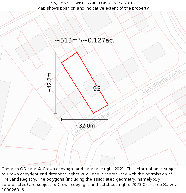 95, LANSDOWNE LANE, LONDON, SE7 8TN: Plot and title map