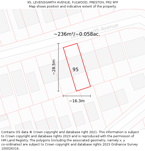 95, LEVENSGARTH AVENUE, FULWOOD, PRESTON, PR2 9FP: Plot and title map