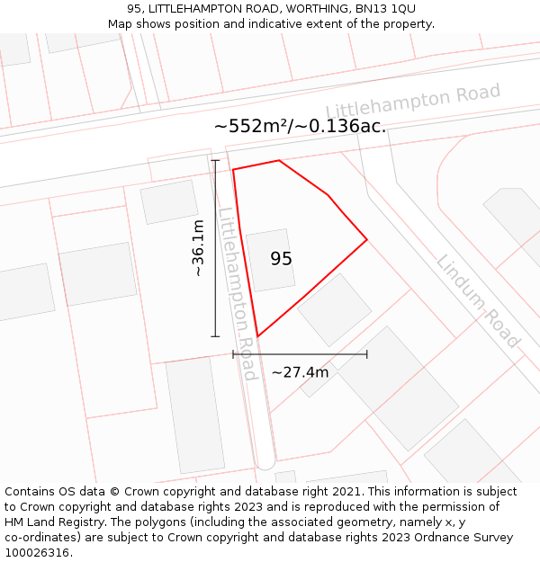 95, LITTLEHAMPTON ROAD, WORTHING, BN13 1QU: Plot and title map