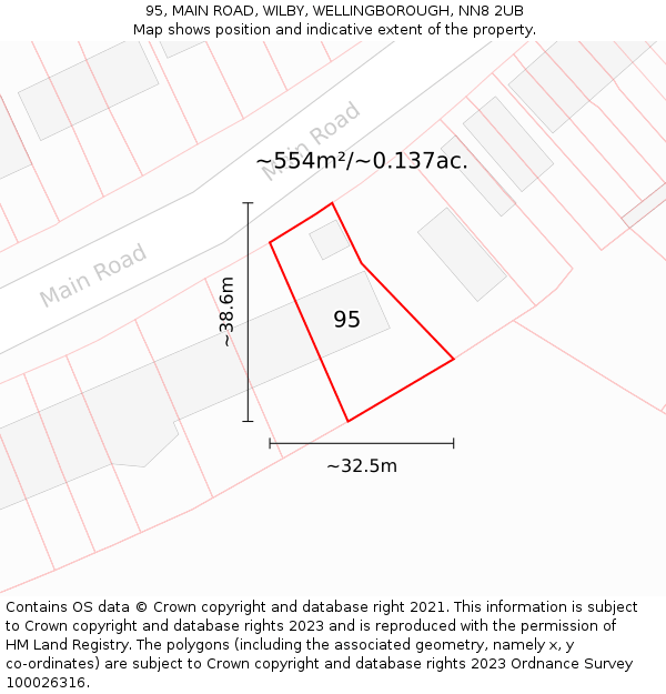 95, MAIN ROAD, WILBY, WELLINGBOROUGH, NN8 2UB: Plot and title map