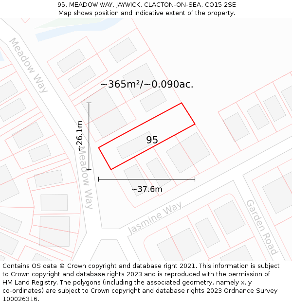 95, MEADOW WAY, JAYWICK, CLACTON-ON-SEA, CO15 2SE: Plot and title map