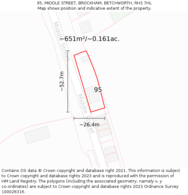 95, MIDDLE STREET, BROCKHAM, BETCHWORTH, RH3 7HL: Plot and title map