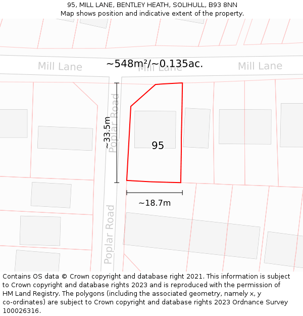 95, MILL LANE, BENTLEY HEATH, SOLIHULL, B93 8NN: Plot and title map