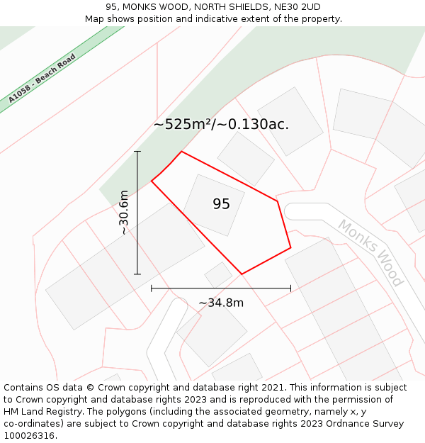 95, MONKS WOOD, NORTH SHIELDS, NE30 2UD: Plot and title map