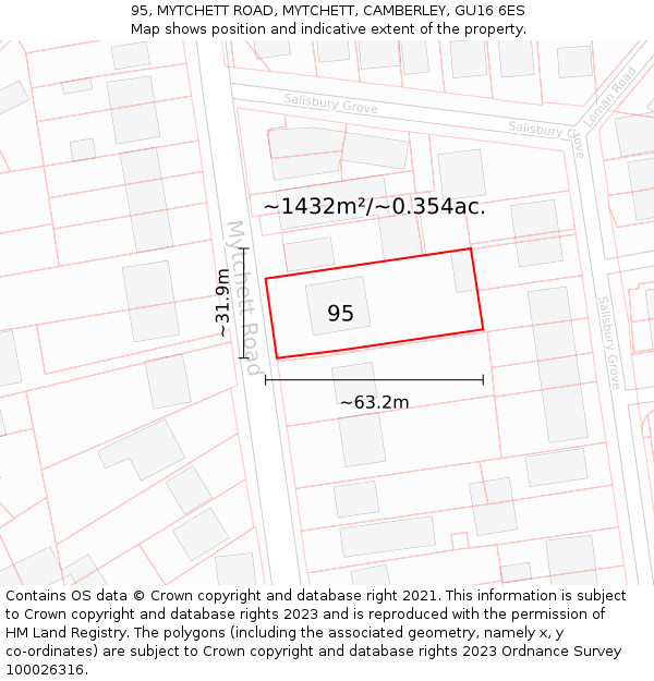 95, MYTCHETT ROAD, MYTCHETT, CAMBERLEY, GU16 6ES: Plot and title map