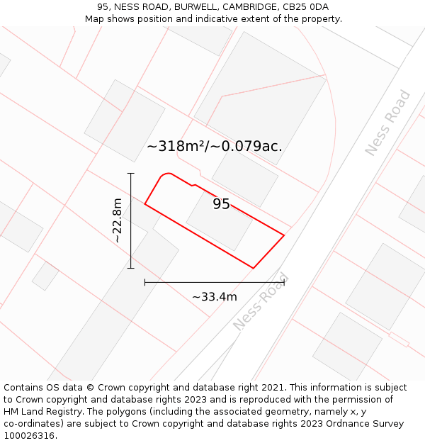95, NESS ROAD, BURWELL, CAMBRIDGE, CB25 0DA: Plot and title map