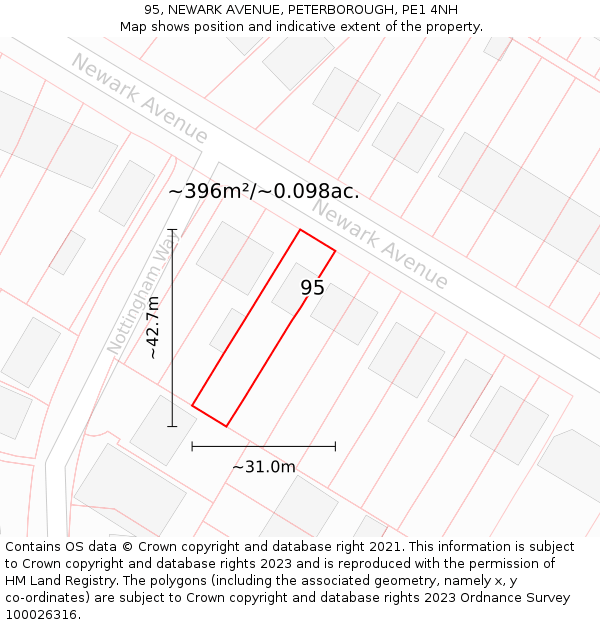 95, NEWARK AVENUE, PETERBOROUGH, PE1 4NH: Plot and title map