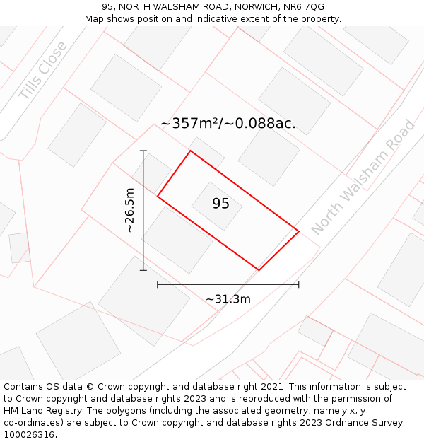 95, NORTH WALSHAM ROAD, NORWICH, NR6 7QG: Plot and title map