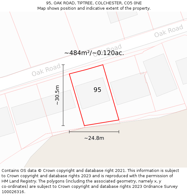 95, OAK ROAD, TIPTREE, COLCHESTER, CO5 0NE: Plot and title map
